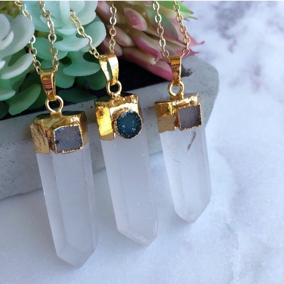 2X HP 18K Gold Plated Quartz & Blue Druzy - Picture 2 of 7